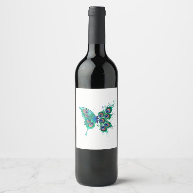 Butterfly with Green Peacock Feathers Wine Label (Front)