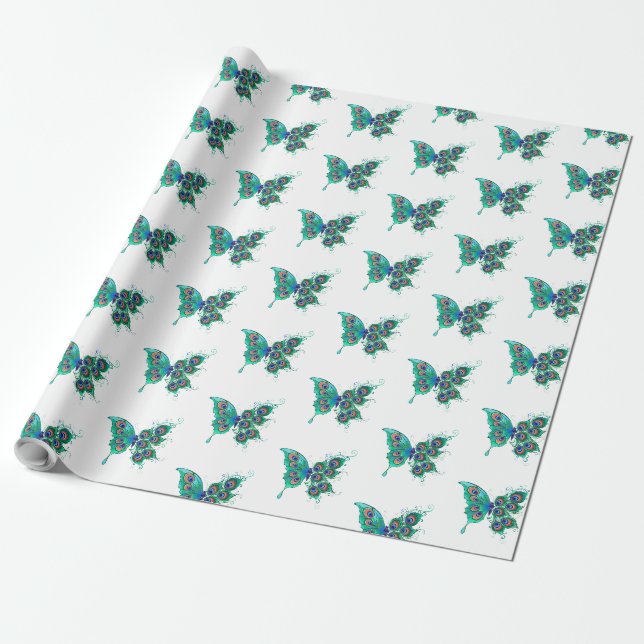 Butterfly with Green Peacock Feathers Wrapping Paper (Unrolled)
