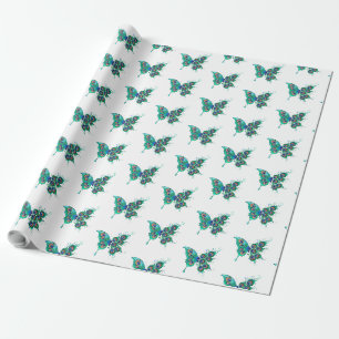 Butterfly with Green Peacock Feathers Wrapping Paper