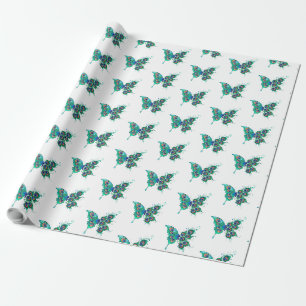 Butterfly with Green Peacock Feathers Wrapping Paper