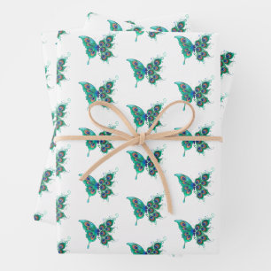 Butterfly with Green Peacock Feathers Wrapping Paper Sheet