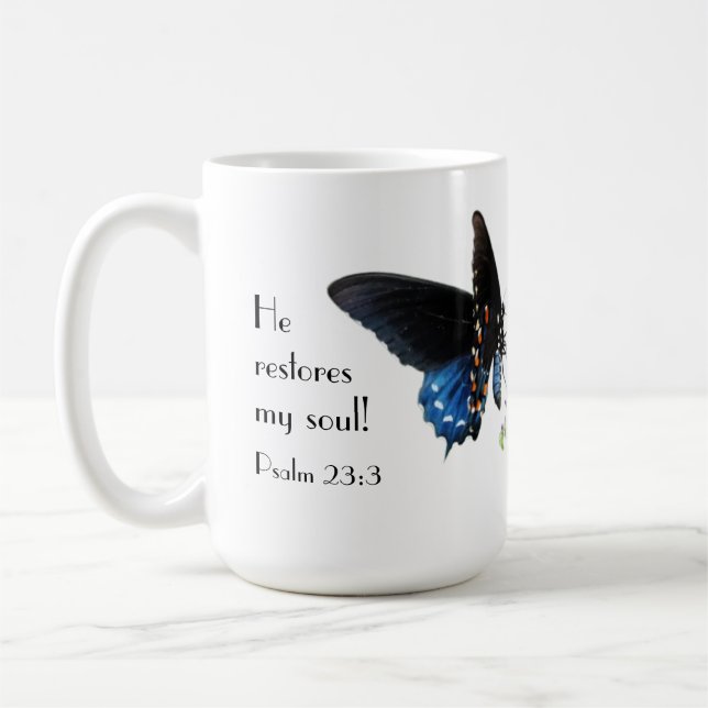 Butterfly with Psalm verse 23:3 Coffee Mug (Left)