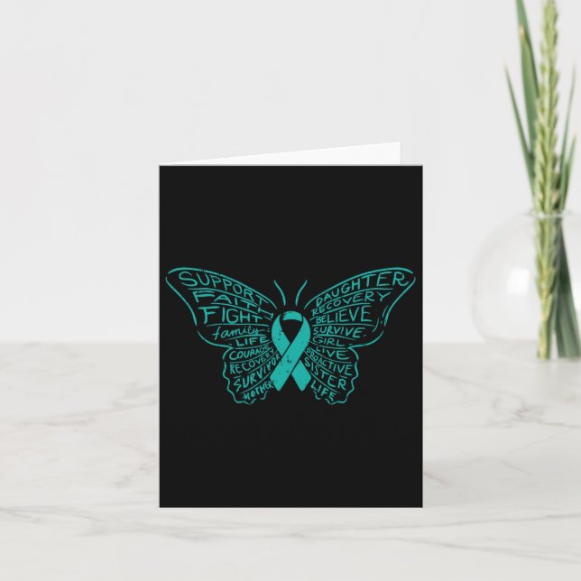 Butterfly Words Teal Ribbon Support Ovarian Cancer Card (Front)