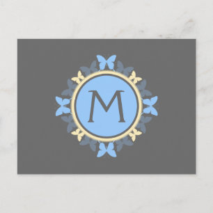 Butterfly Wreath Monogram Blue Yellow Grey Postcard
