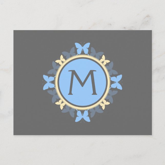 Butterfly Wreath Monogram Blue Yellow Grey Postcard (Front)