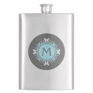Butterfly Wreath Monogram White Ice Blue Grey Hip Flask