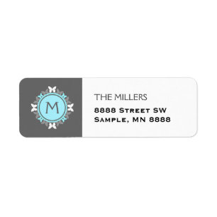 Butterfly Wreath Monogram White Ice Blue Grey Return Address Label