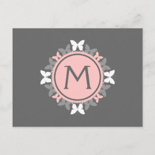 Butterfly Wreath Monogram White Rose Pink Grey Postcard