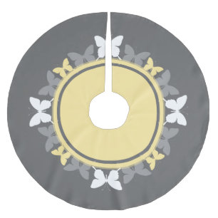 Butterfly Wreath White Yellow Grey Brushed Polyester Tree Skirt