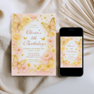 Butterfly Yellow and Pink Birthday Invitation