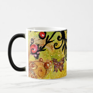 BUTTERFLY YELLOW SPARKLES, BLACK FLORAL MONOGRAM, MAGIC MUG