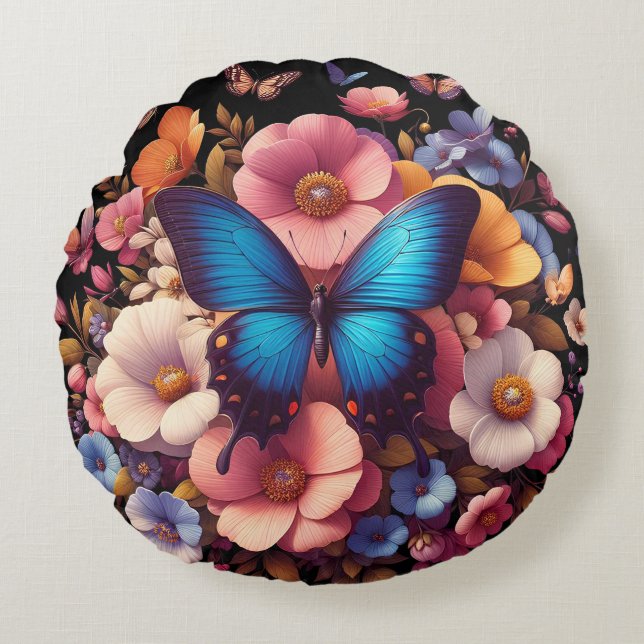Butterflys and flowers pattern round cushion (Front)