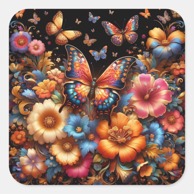 Butterflys and flowers pattern square sticker (Front)