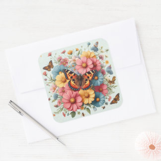 Butterflys and flowers pattern square sticker