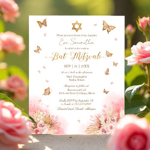 Butterflys Gold Foil Bat Mitzvah Budget Invitation