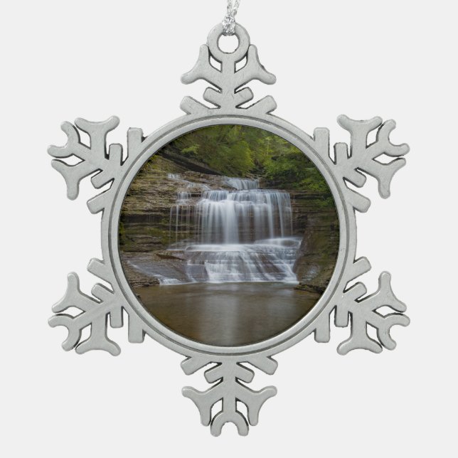 Buttermilk Falls Waterfalls in Ithaca New York Snowflake Pewter Christmas Ornament (Front)