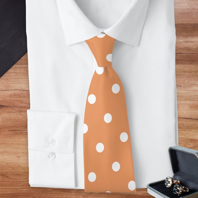 Butterscotch White Polka Dot Patterned Tie (An elegant tie in a butterscotch, light burnt orange shade, with retro pattern of white polka dots)