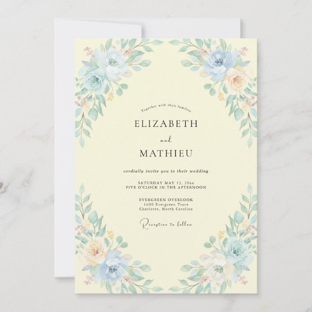 Buttery Aqua Leafy Wedding Invitation (Front)