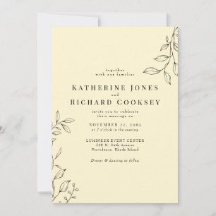 Buttery Yellow Modern Foliage  Simple Wedding Invitation