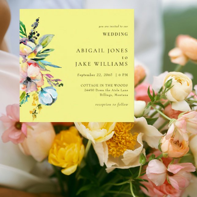 Buttery Yellow Summer Floral Square Wedding Invitation (Creator Uploaded)