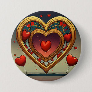 Buttom with printed golden heart image design 7.5 cm round badge