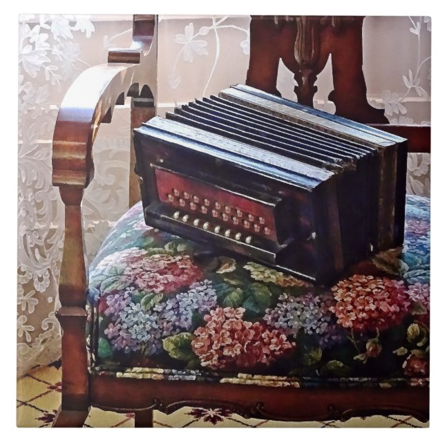 Button Accordion on Chair With Flowered Seat Ceramic Tile (Front)