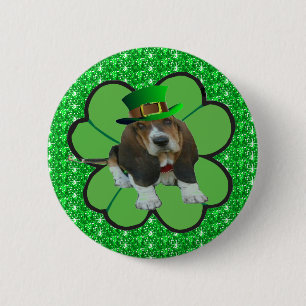 Button Basset Hound Happy St Patrick's Day Clover