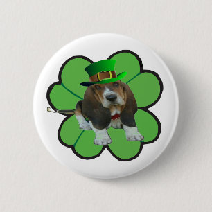 Button Basset Hound Happy St Patrick's Day Clover