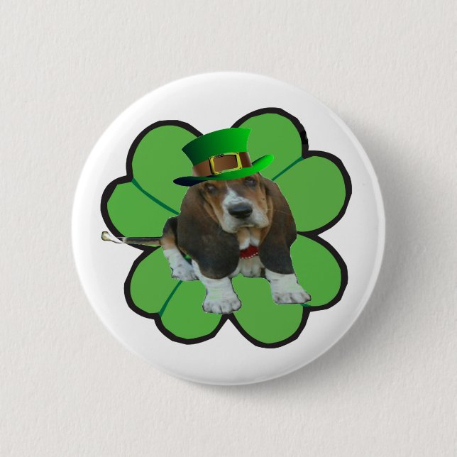 Button Basset Hound Happy St Patrick's Day Clover (Front)
