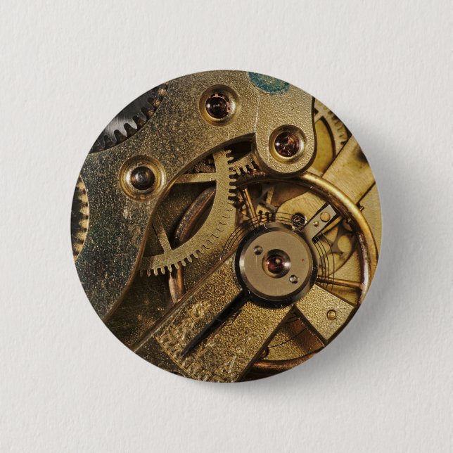 Button: Brass Hearted. Watch Mechanism 6 Cm Round Badge (Front)