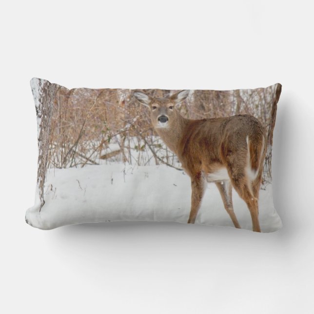 Button Buck Deer in Winter White Snowy Field Lumbar Cushion (Front)