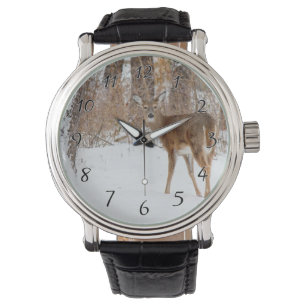 Button Buck Deer in Winter White Snowy Field Watch