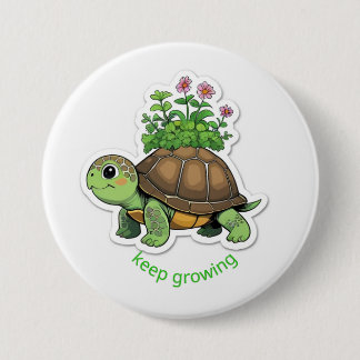 Button Cute baby turtle carrying a tiny garden on 