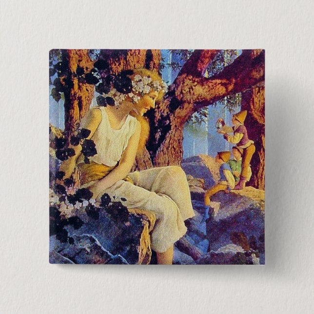 Button: Girl with Elves - by Maxfield Parrish 15 Cm Square Badge (Front)
