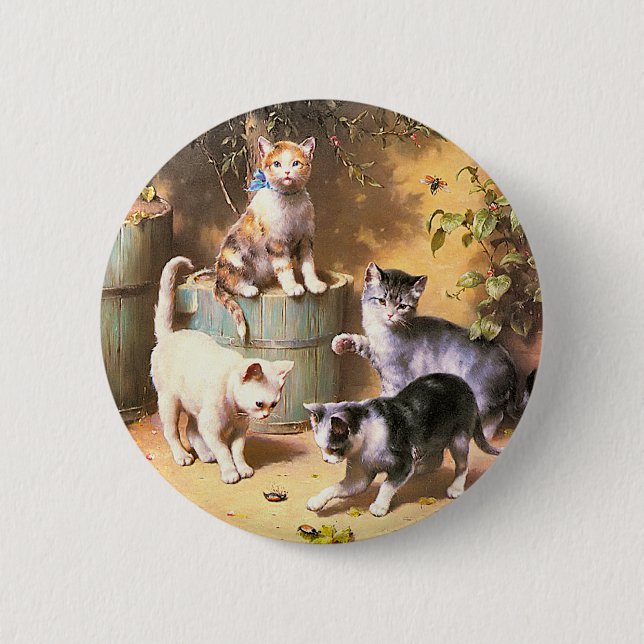 Button: "Kittens Playing with Beetles" 6 Cm Round Badge (Front)