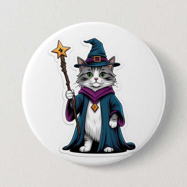 Button Mini wizard cat with magical staff (Front)
