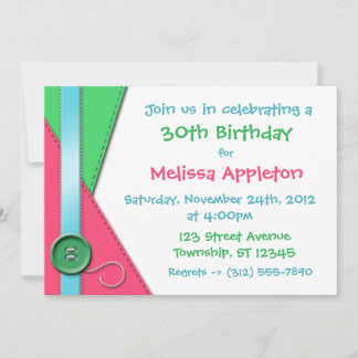 Button ~ Pink, Green & Blue Birthday Invitations