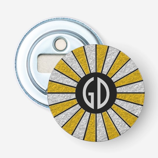 BUTTON ROUND RAYS silver gold + your monogram Bottle Opener (Front)