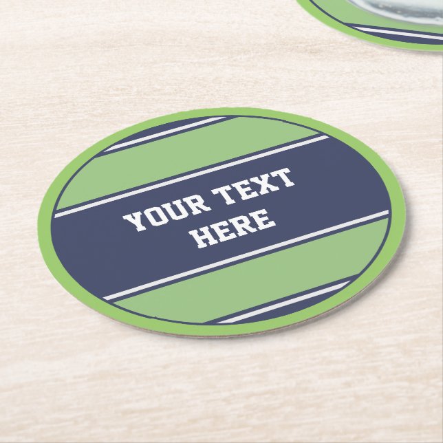 BUTTON ROUND stripes matt blue green + your text Paper Coaster (Angled)