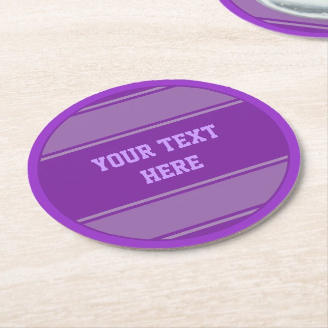 BUTTON ROUND stripes purple + your text Paper Coaster (Angled)