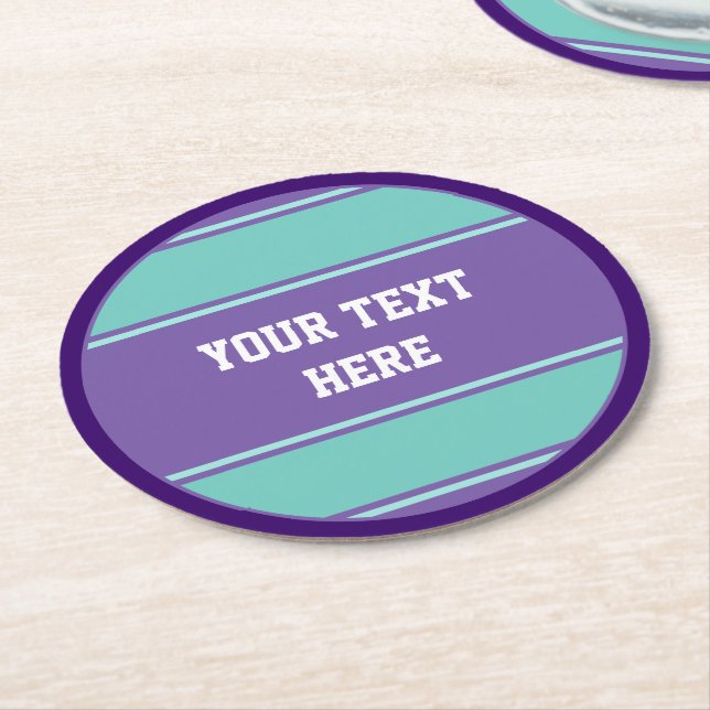 BUTTON ROUND stripes violet cyan + your text Paper Coaster (Angled)