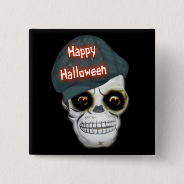 Button Skeleton Head Happy Halloween (Front)