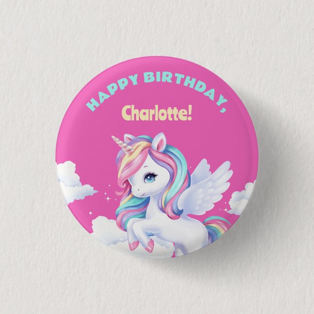 Button to a magical birthday party. (Front)