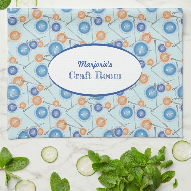 Buttons and Sewing Needles Personalised Tea Towel (Folded)