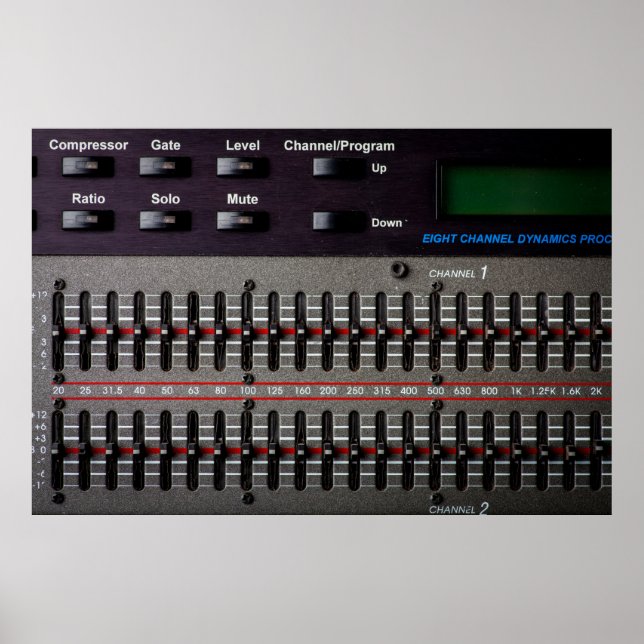 Buttons on a sound mixer in a recording studio. poster (Front)