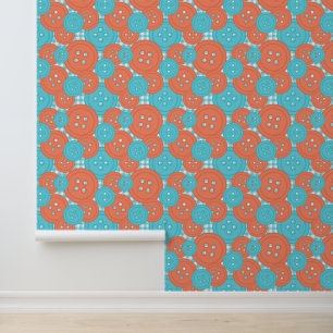 Buttons on Gingham - Turquoise & Coral Sewing Room Wallpaper