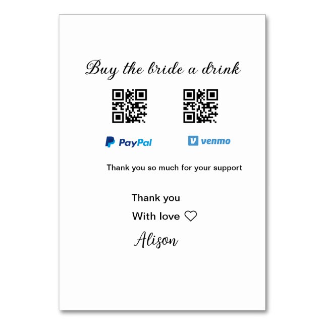 Buy the bride a drink donation QR Venmo PayPal  Table Number (Front)