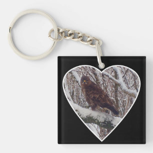 Buzzard on Snowy Branch in Heart Key Ring
