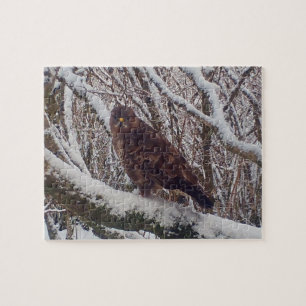 Buzzard on Snowy Branch Jigsaw Puzzle