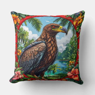 Buzzard Perched Amid Vibrant Tropical Landscape Cushion